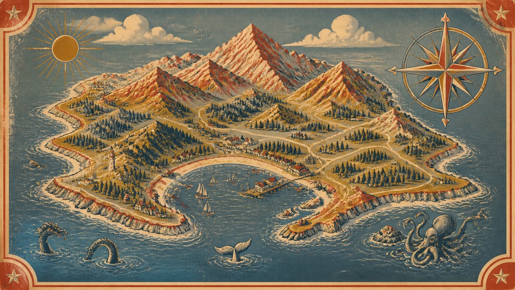 a map of an island realm with mountains, forests, a sheltered bay, sea monsters in the water and a compass rose, no text labels — Americana Aesthetic fantasy map