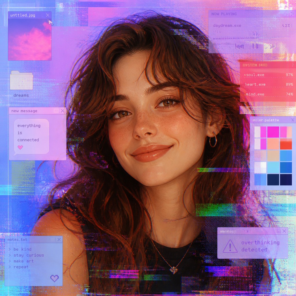 head-and-shoulders portrait of an original character: a young woman with wavy chestnut hair and a warm smile, plain soft backdrop — Post-Internet Art Style profile picture