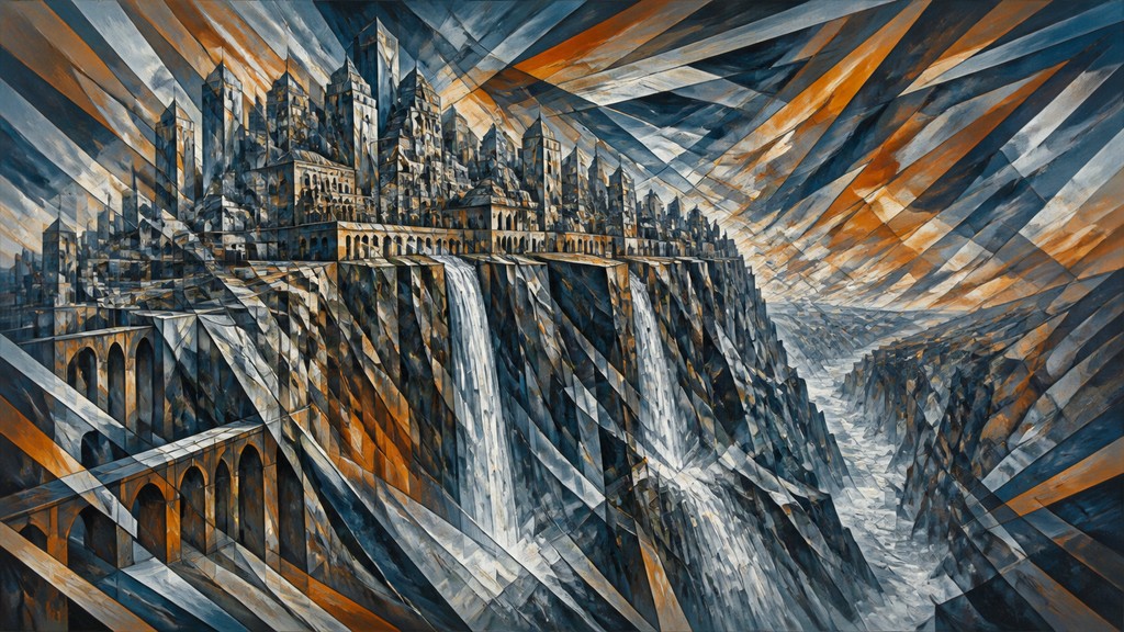 a cliffside city with waterfalls cascading into a misty canyon, wide establishing shot, no people, no text — Cubo-Futurism Art Style concept art