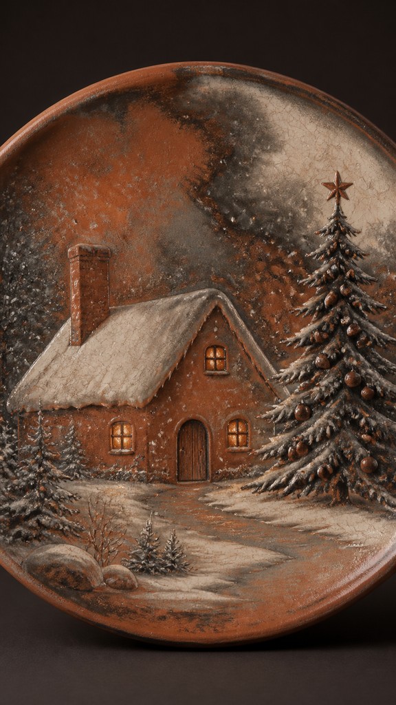 a snow-covered cottage with warm glowing windows beside a decorated pine tree, gentle snowfall, no text — Terra Sigillata Ceramic Art Style Christmas card