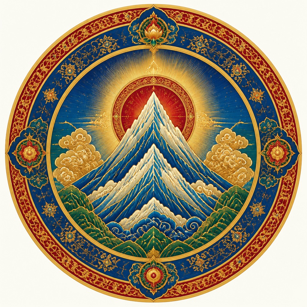 an emblem of a mountain peak inside a circle, simple bold shapes on a plain background, no text or lettering — Buddhist Religious Art logo concept