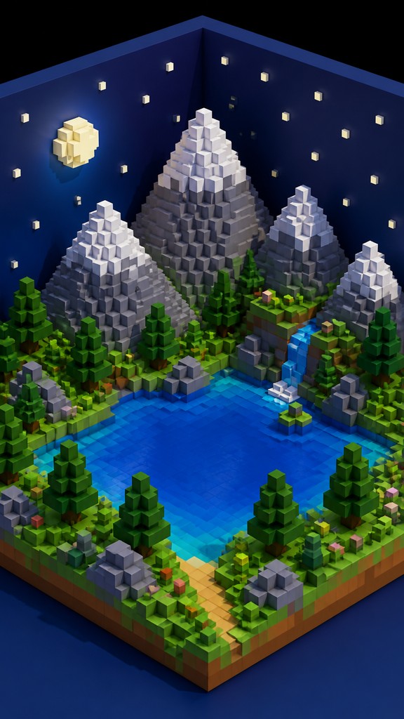a tranquil mountain lake beneath a starry night sky, no people, no text — Voxel Art Style phone wallpaper