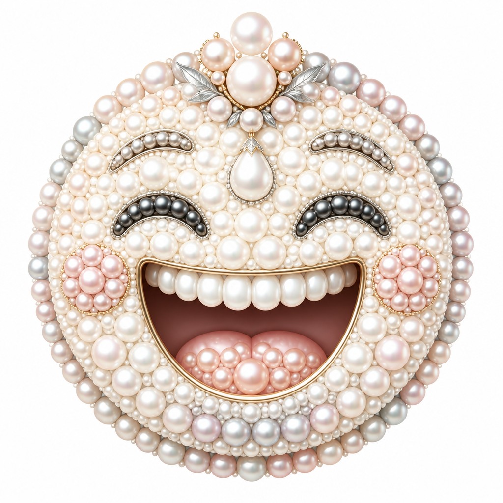 an exaggerated laughing face of an original round mascot character, bold and readable at small size, plain background, no text — Pearl Jewelry Style Twitch emote