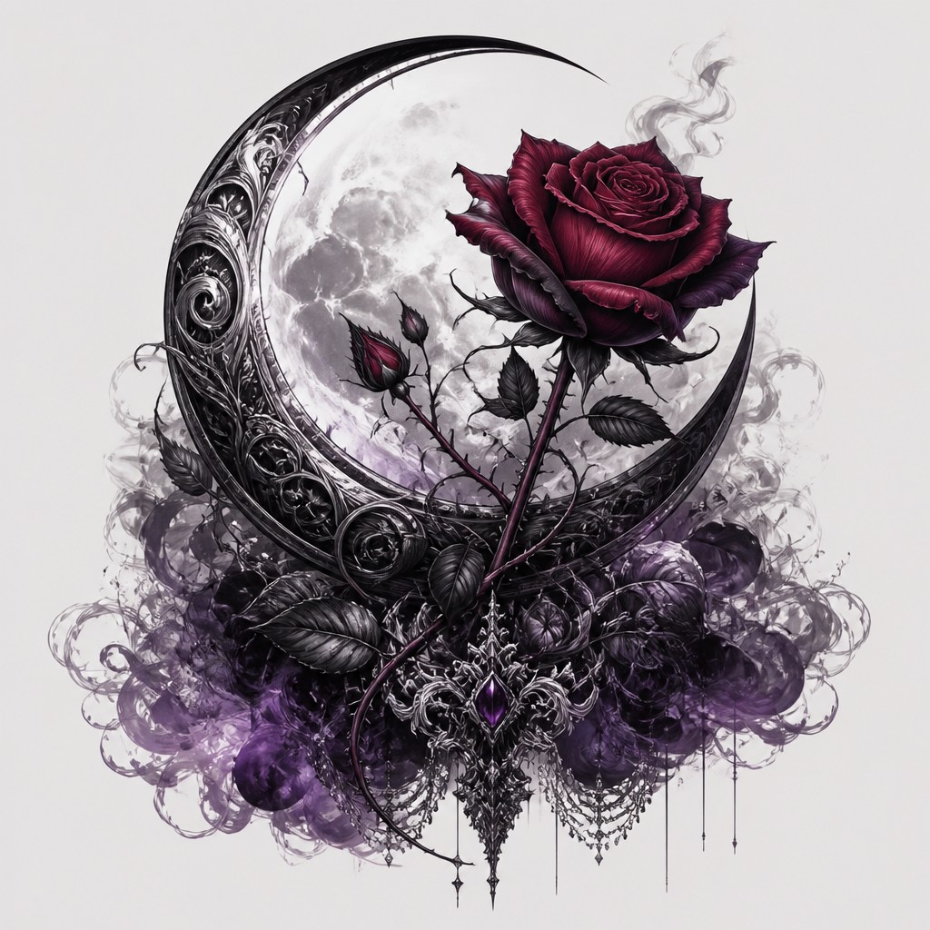 a rose entwined with a crescent moon, clean balanced composition on a plain background, no text — Dark Gothic Anime Art Style tattoo design