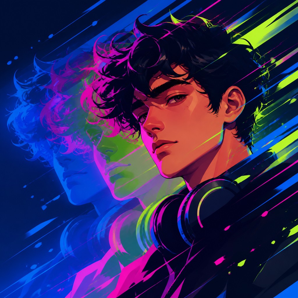 head-and-shoulders portrait of an original character: a young man with curly dark hair and headphones around his neck, plain backdrop, no text — Motion Graphics Digital Art Style Discord profile picture