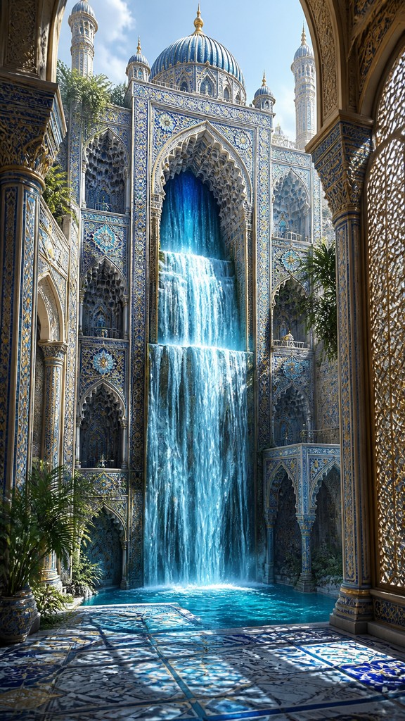 towering waterfall cascading down a cliff — Islamic Architecture