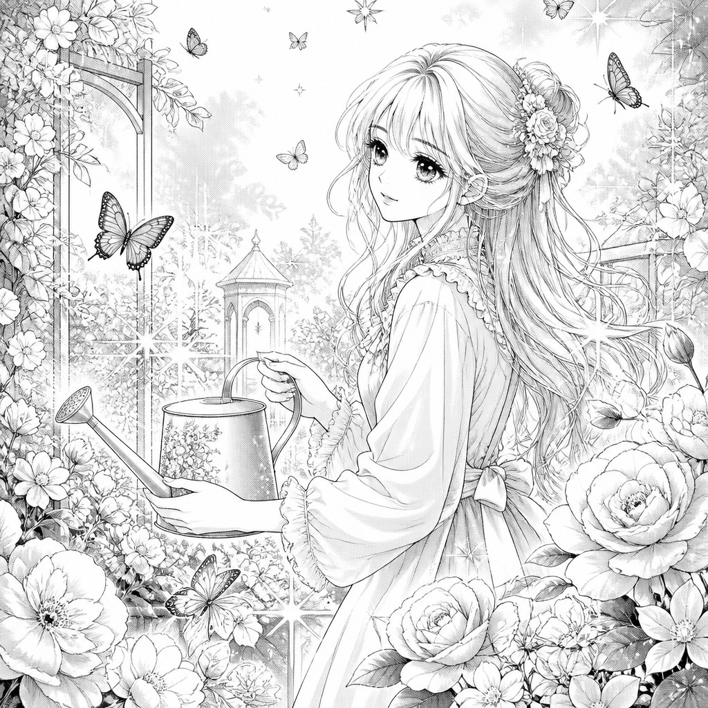 a garden scene with butterflies, flowers and a watering can, clean uncolored line art, no text — Shoujo Romance Manga Art Style coloring page