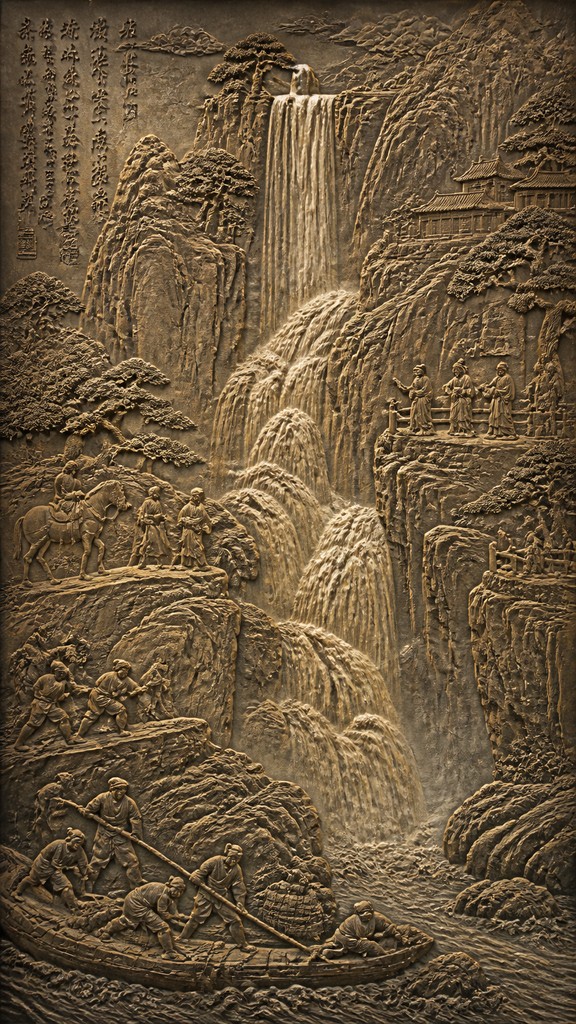 towering waterfall cascading down a cliff — Relief Carving Sculpture Style