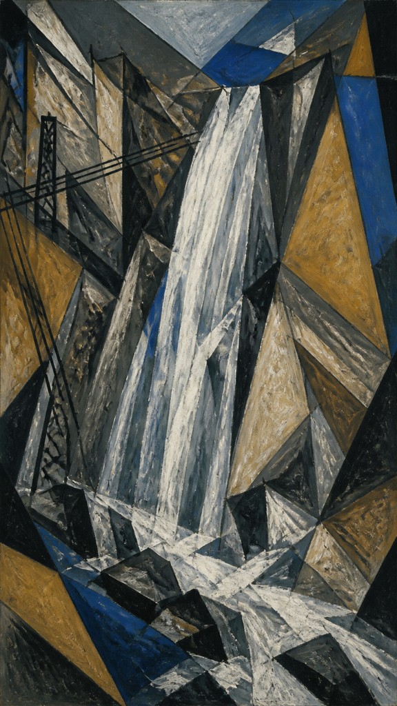 towering waterfall cascading down a cliff — Modernism Art Style