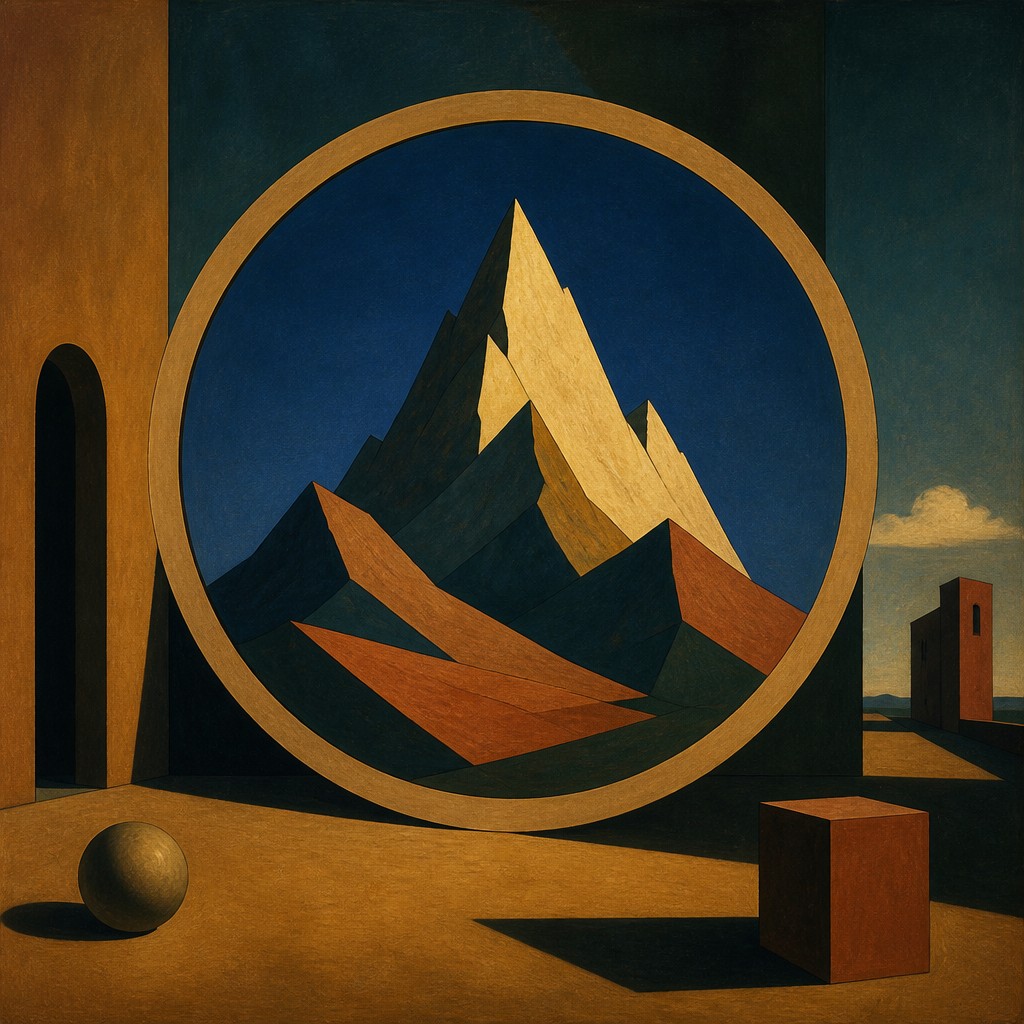 an emblem of a mountain peak inside a circle, simple bold shapes on a plain background, no text or lettering — Metaphysical Painting Art Style logo concept