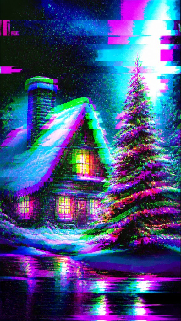 a snow-covered cottage with warm glowing windows beside a decorated pine tree, gentle snowfall, no text — Digital Glitch Modern Art Style Christmas card