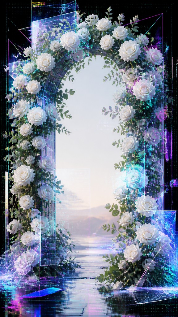 an arch of white roses and eucalyptus in soft morning light, elegant vertical composition with open space, no text — New Media Art Style wedding invitation