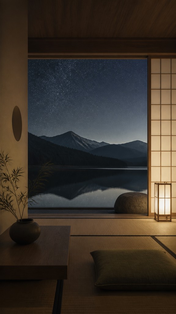 a tranquil mountain lake beneath a starry night sky, no people, no text — Zen Interior Design phone wallpaper