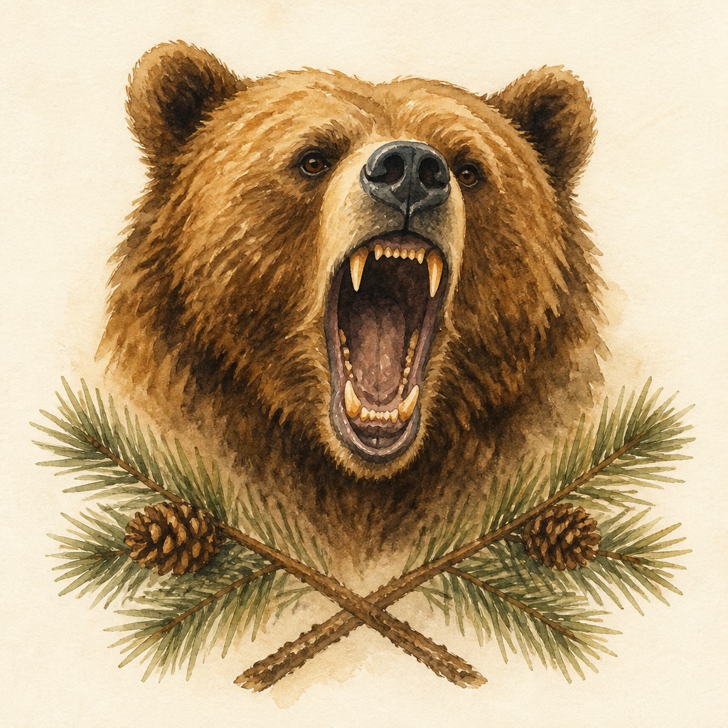 a roaring bear head above crossed pine branches, bold graphic composition on a plain background, no text — Storybook Watercolor t-shirt design