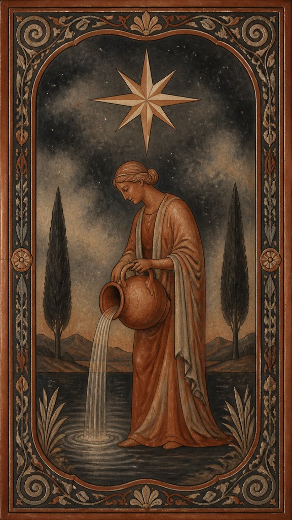a robed figure pouring water beneath a large eight-pointed star in a night sky, symmetrical composition with an ornate decorative border, no text — Terra Sigillata Ceramic Art Style tarot card