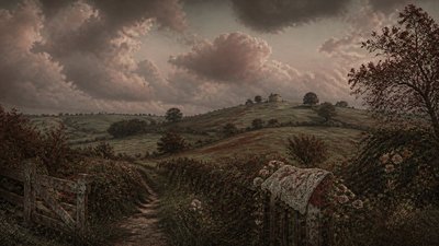 rolling hills with scattered trees under a big dramatic sky, no people — Dark Cottagecore Aesthetic wallpaper
