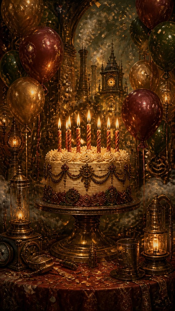 a birthday cake with lit candles surrounded by balloons and confetti, festive vertical composition, no text — Steampunk Fantasy Art birthday card