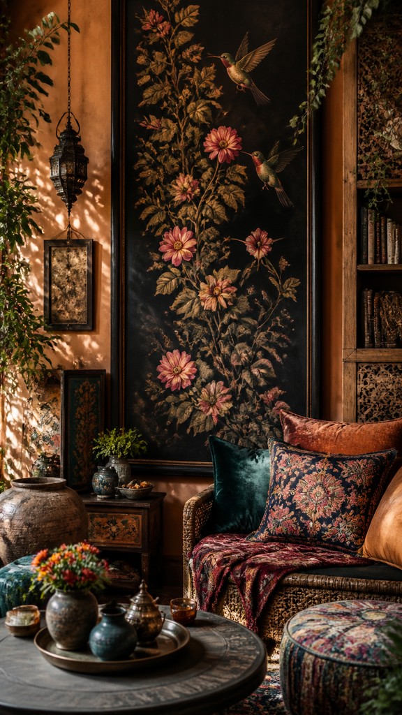 a climbing vine of flowers and hummingbirds on a dark background, tall wrapping composition, no text — Bohemian Interior Design phone case design