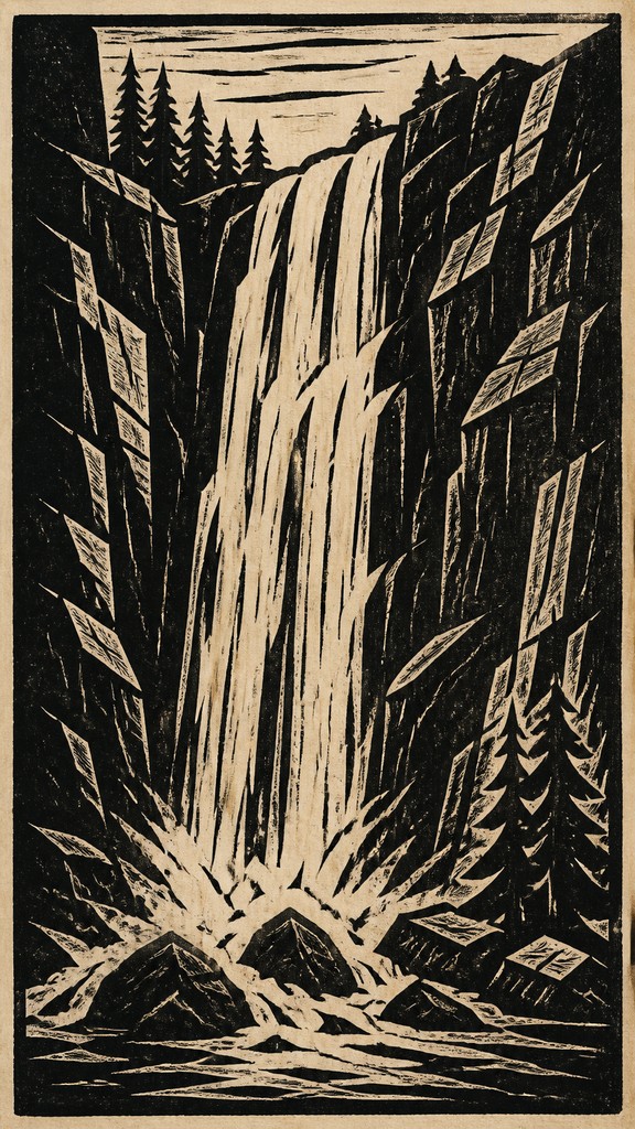 towering waterfall cascading down a cliff — Woodcut Print Style