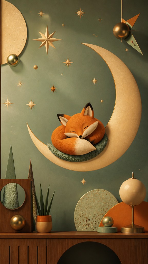 a sleeping baby fox curled on a crescent moon among soft stars, gentle and warm, no text — Mid-Century Modern Interior Design baby announcement
