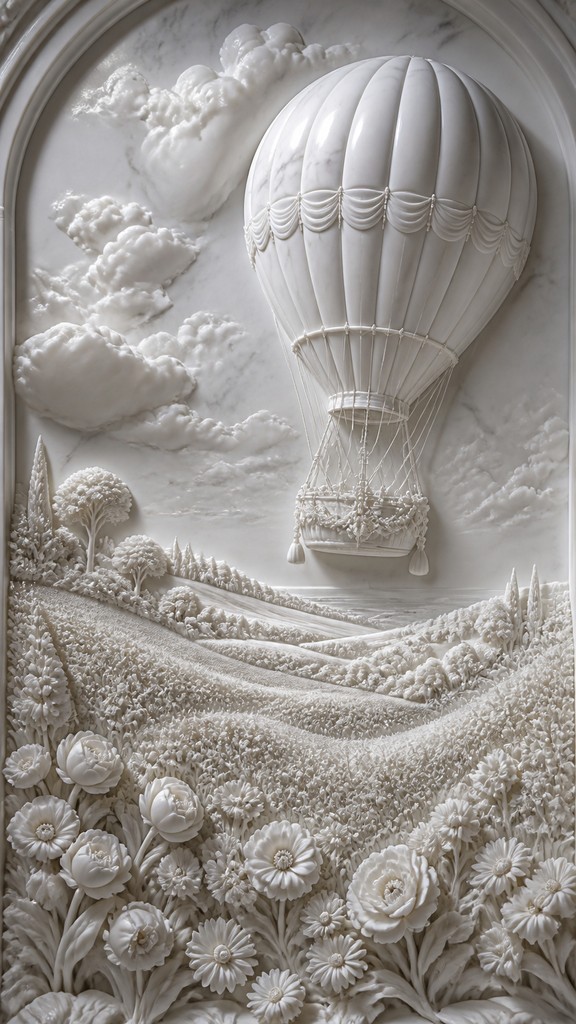 a hot air balloon drifting over rolling flower fields on a sunny day, cheerful, no text — Classical Marble Sculpture Art Style greeting card