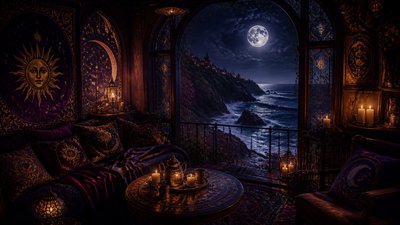 a moonlit coastline with cliffs and crashing surf, no people — Whimsigoth Aesthetic wallpaper
