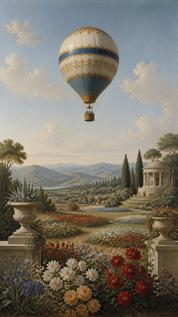 a hot air balloon drifting over rolling flower fields on a sunny day, cheerful, no text — Neoclassical Art Style greeting card