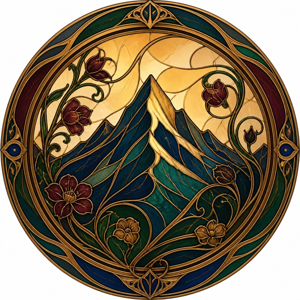 an emblem of a mountain peak inside a circle, simple bold shapes on a plain background, no text or lettering — Art Nouveau Architecture Art logo concept