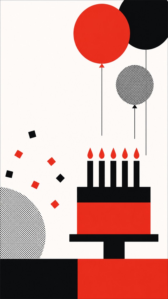 a birthday cake with lit candles surrounded by balloons and confetti, festive vertical composition, no text — Swiss Style Poster Design birthday card