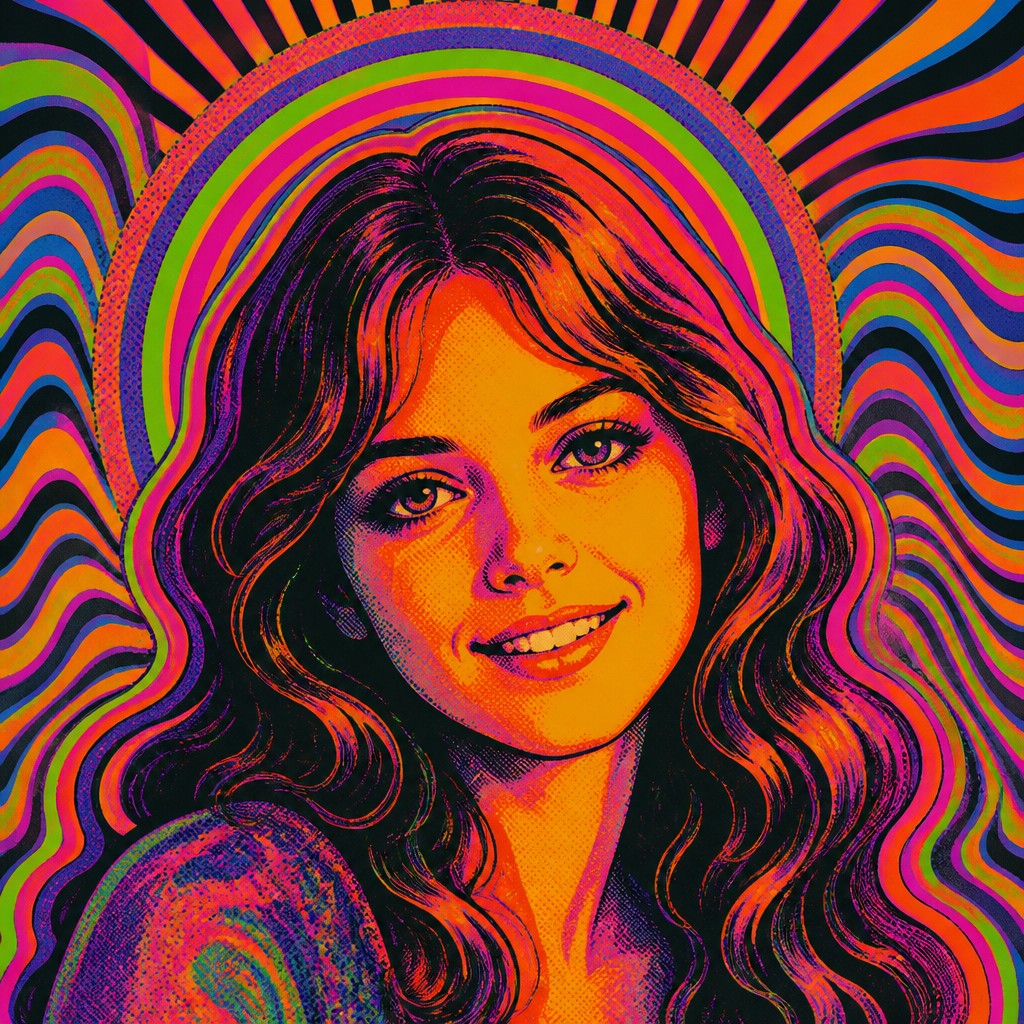 head-and-shoulders portrait of an original character: a young woman with wavy chestnut hair and a warm smile, plain soft backdrop — Psychedelic Poster Design profile picture