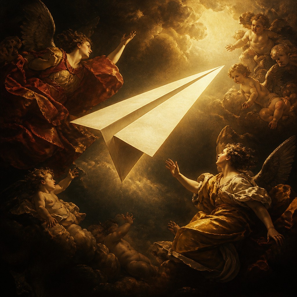 a paper plane, clean minimal composition on a plain background, no text — Baroque Religious Art icon
