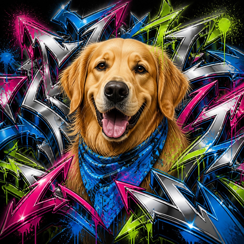 portrait of a golden retriever wearing a blue bandana, warm plain backdrop, no text — Wildstyle Graffiti Street Art Style pet portrait