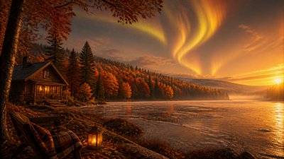 a sweeping aurora over a frozen lake, no people — Autumncore Aesthetic wallpaper