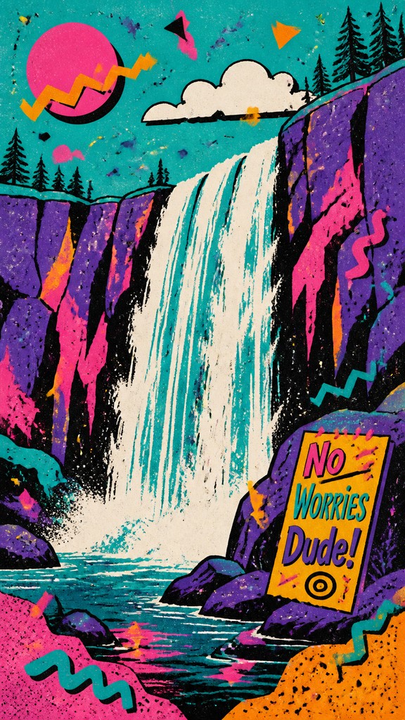 towering waterfall cascading down a cliff — 90s Retro Aesthetic