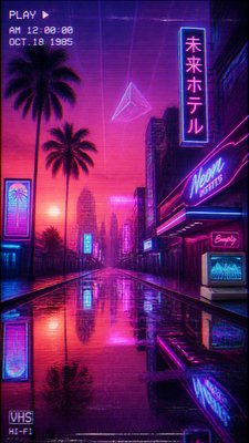 a quiet rainy city street at night reflecting neon signs, no people — Vaporwave Art Style wallpaper