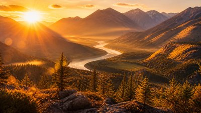 a vast valley with a river winding toward distant mountains at sunrise, no people, no text — Golden Hour Landscape Photography Style wallpaper