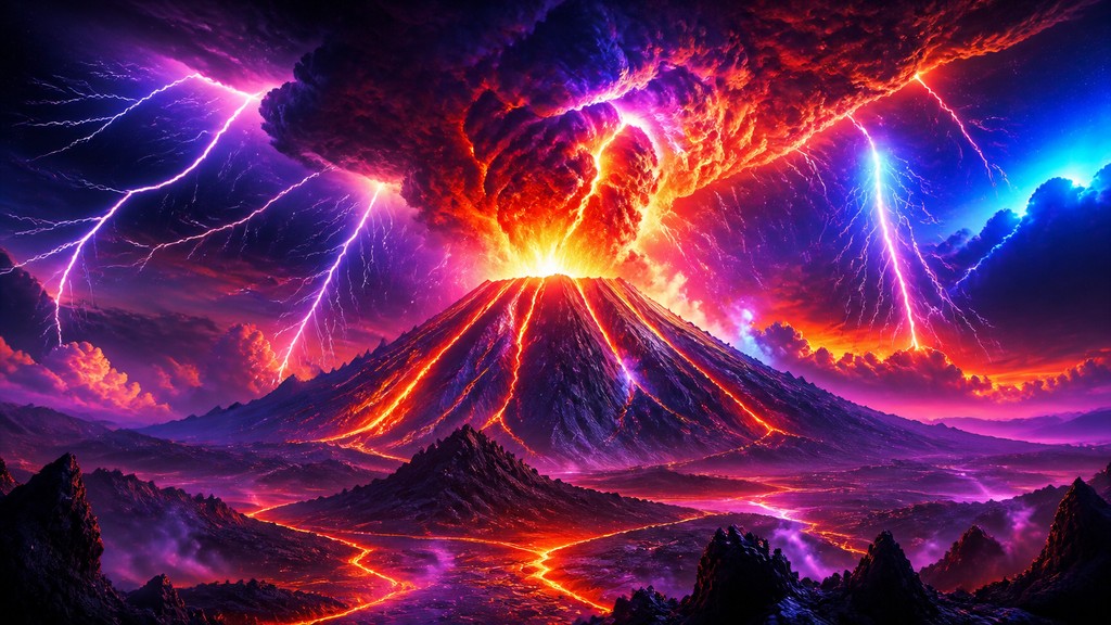 an erupting volcano with lightning strikes, dramatic wide composition, no text — Digital Art Style YouTube thumbnail