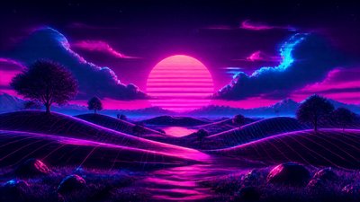 rolling hills with scattered trees under a big dramatic sky, no people — Synthwave Aesthetic wallpaper