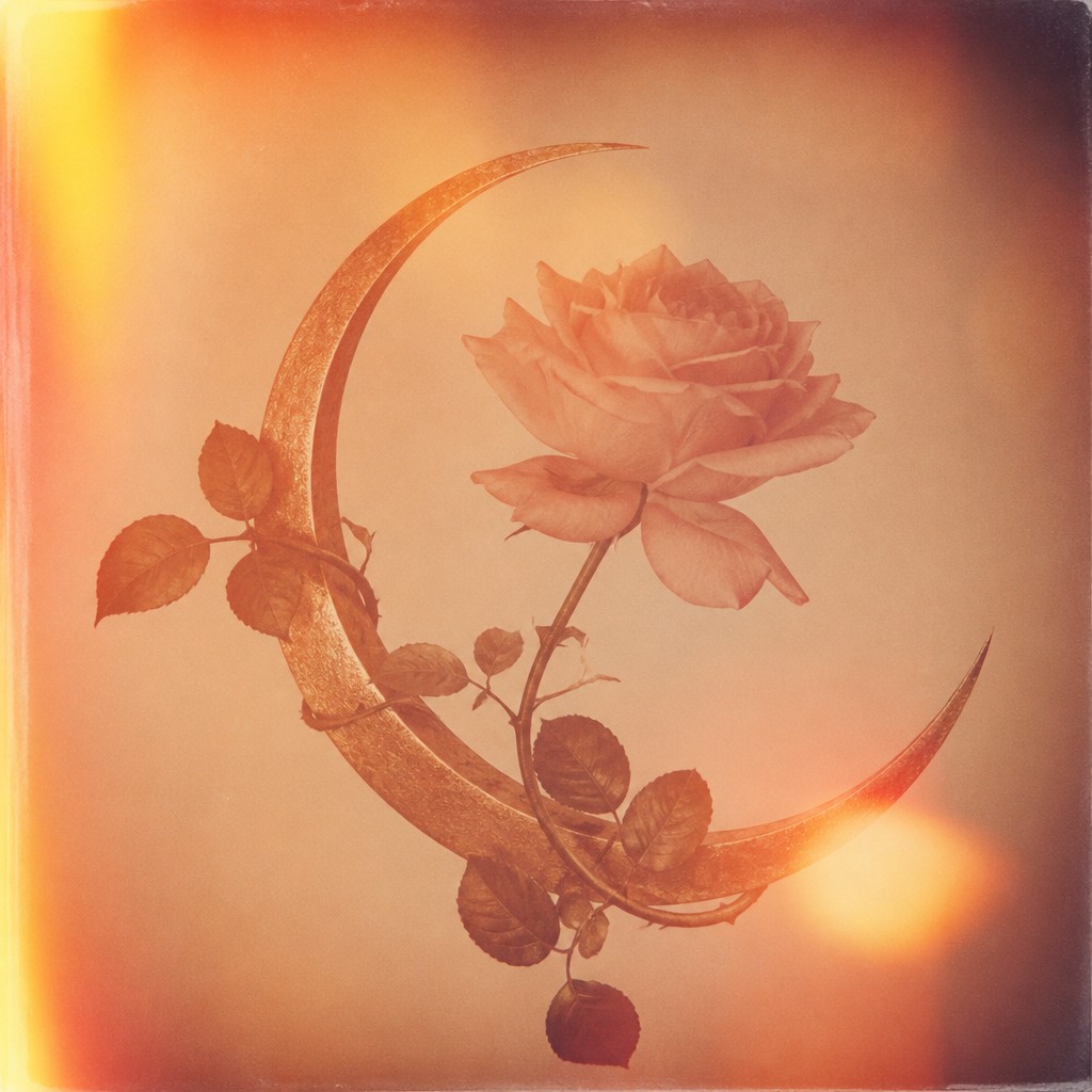 a rose entwined with a crescent moon, clean balanced composition on a plain background, no text — Vintage Film Burn tattoo design