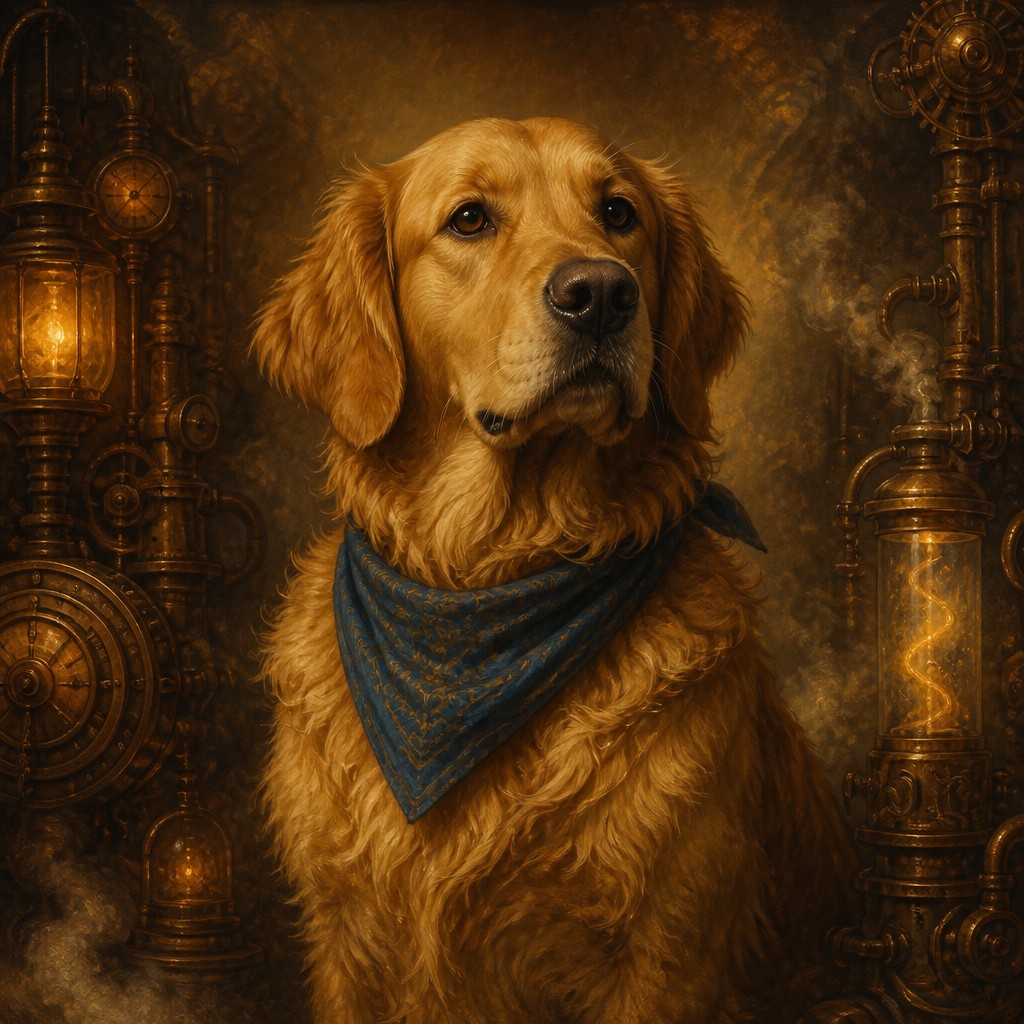 portrait of a golden retriever wearing a blue bandana, warm plain backdrop, no text — Steampunk Fantasy Art pet portrait