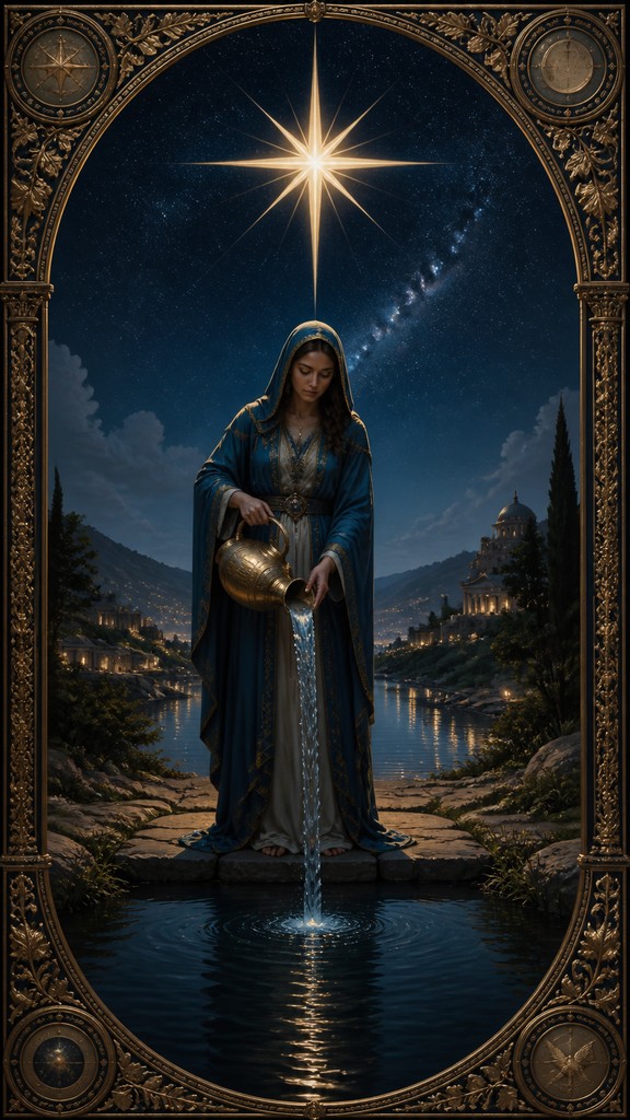 a robed figure pouring water beneath a large eight-pointed star in a night sky, symmetrical composition with an ornate decorative border, no text — Realistic Landscape Art Style tarot card