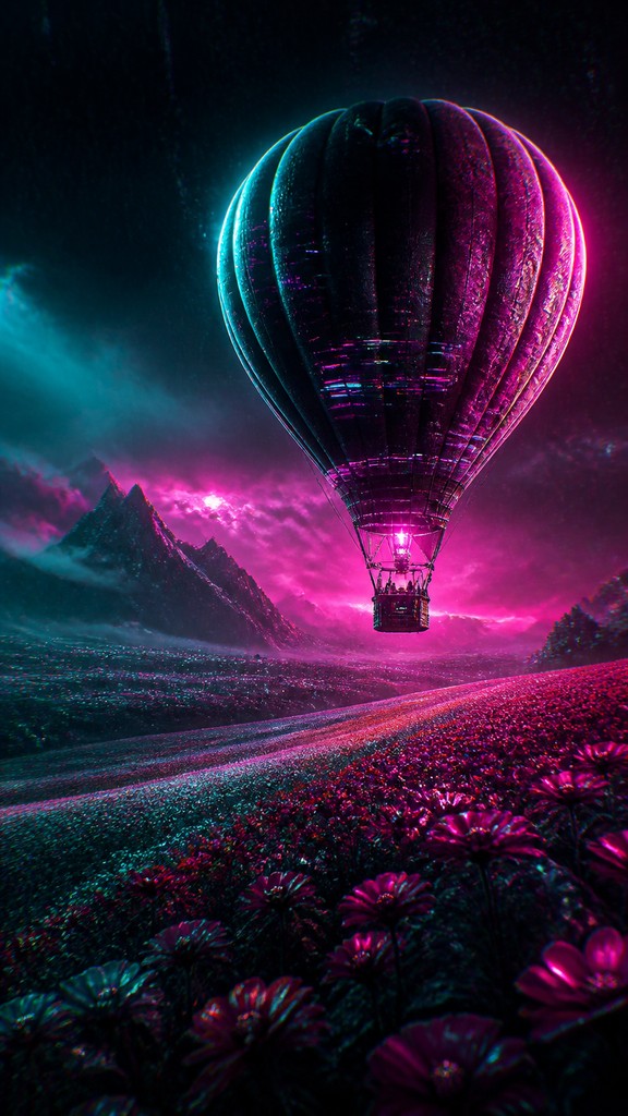 a hot air balloon drifting over rolling flower fields on a sunny day, cheerful, no text — Cyberpunk Sci-Fi Art greeting card