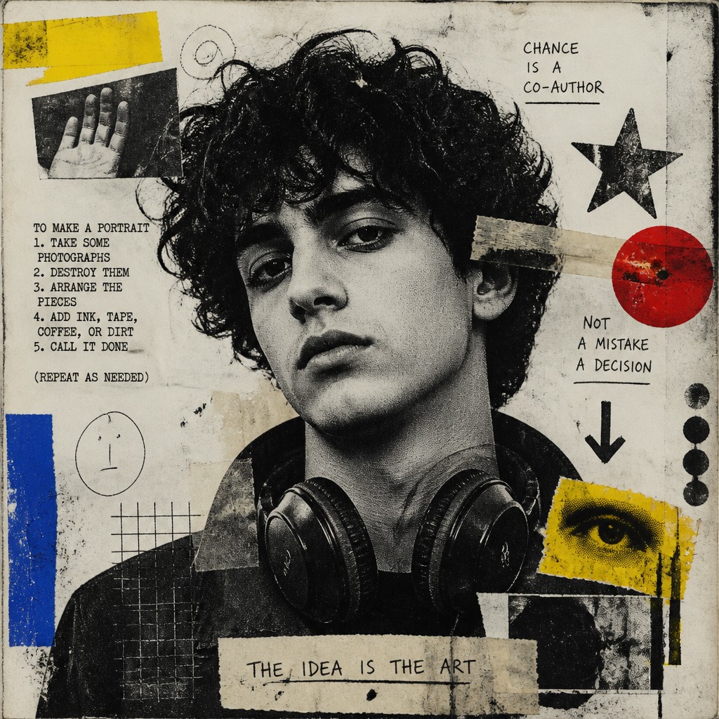head-and-shoulders portrait of an original character: a young man with curly dark hair and headphones around his neck, plain backdrop, no text — Fluxus Art Style Discord profile picture
