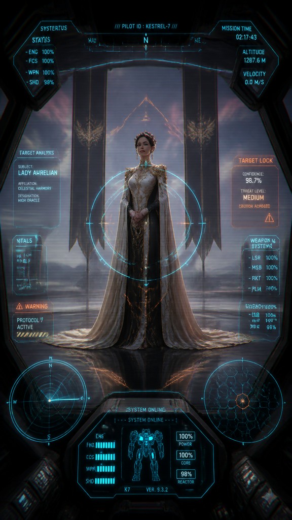 full-length portrait of an elegant figure — Mecha Pilot Interface View