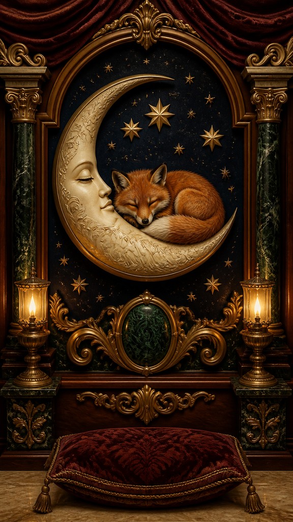 a sleeping baby fox curled on a crescent moon among soft stars, gentle and warm, no text — Traditional Interior Design baby announcement