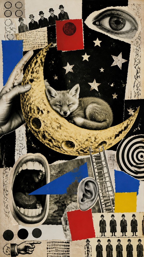 a sleeping baby fox curled on a crescent moon among soft stars, gentle and warm, no text — Dada Art Style baby announcement