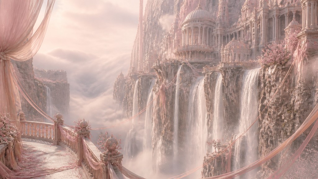 a cliffside city with waterfalls cascading into a misty canyon, wide establishing shot, no people, no text — Balletcore Aesthetic concept art