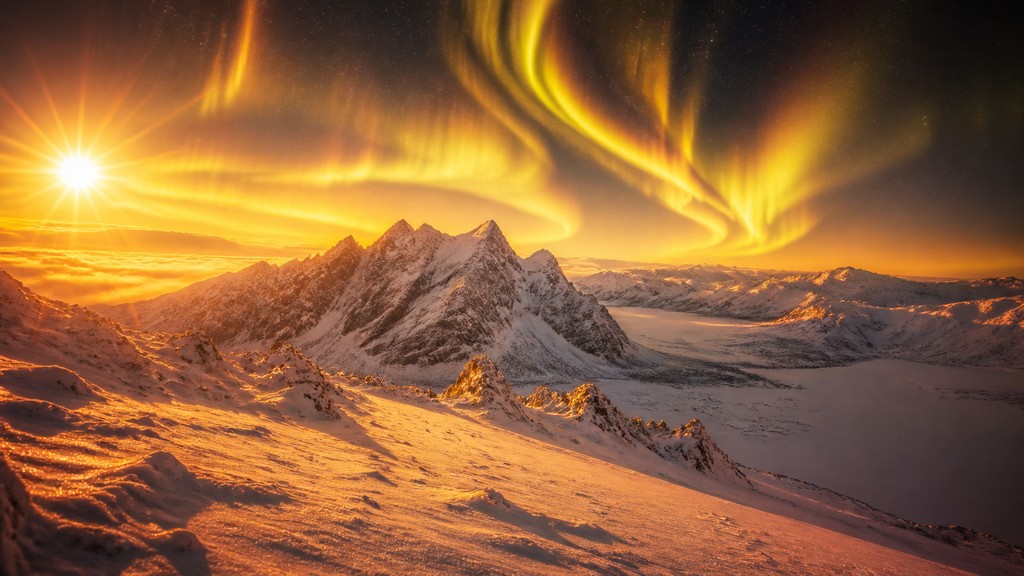 a flowing aurora over snowy peaks, wide sweeping composition, no people, no text — Golden Hour Landscape Photography Style banner