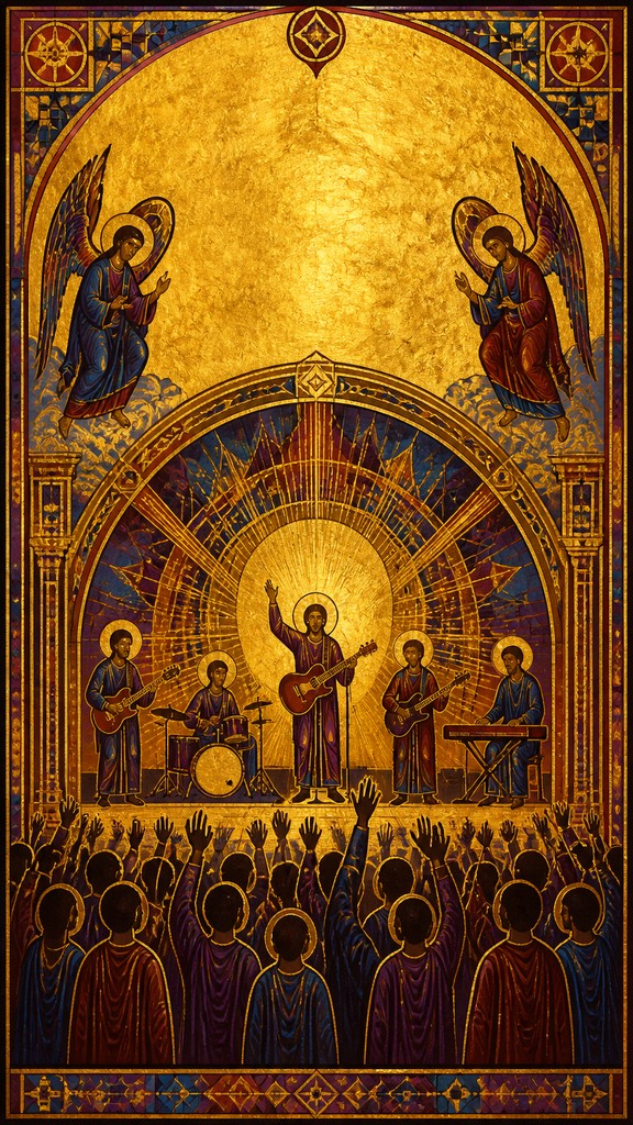 a live music scene with a glowing stage and silhouetted crowd, energetic vertical composition with open space at the top, no text — Byzantine Religious Art flyer