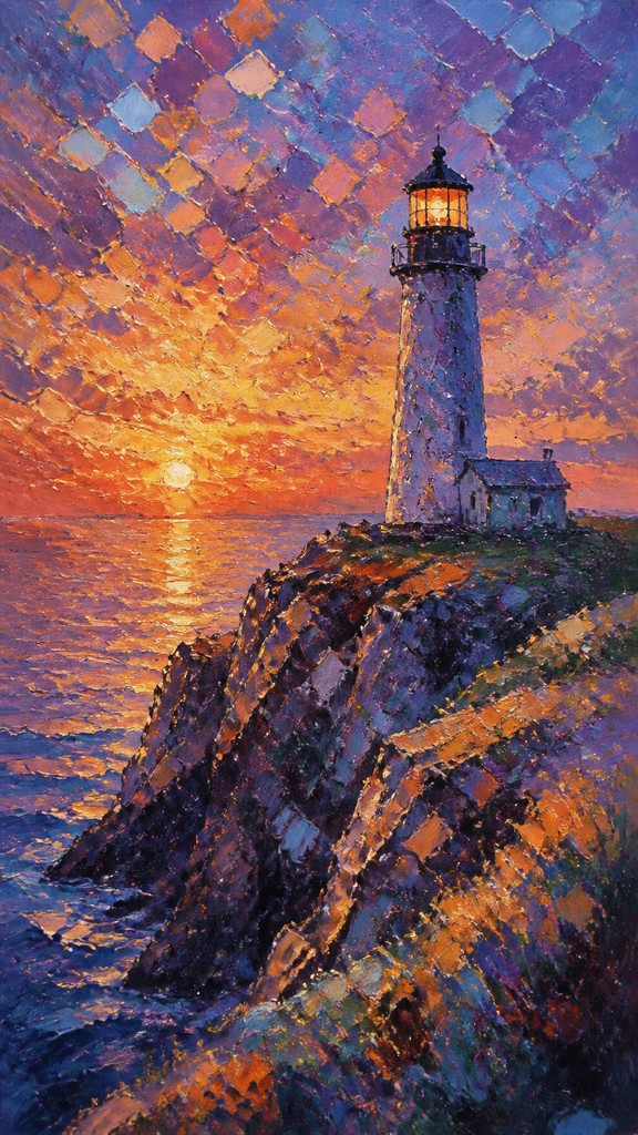 a lone lighthouse on a cliff at dusk under a dramatic sky, no text or lettering — Impressionist Still Life Art Style poster